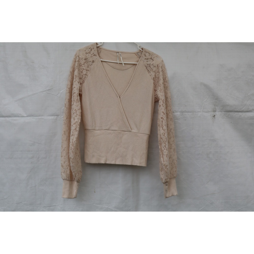 Anthropologie Cream Ribbed Wrap Women Top Lace Balloon Sleeve V-Neck Small - Picture 10 of 10